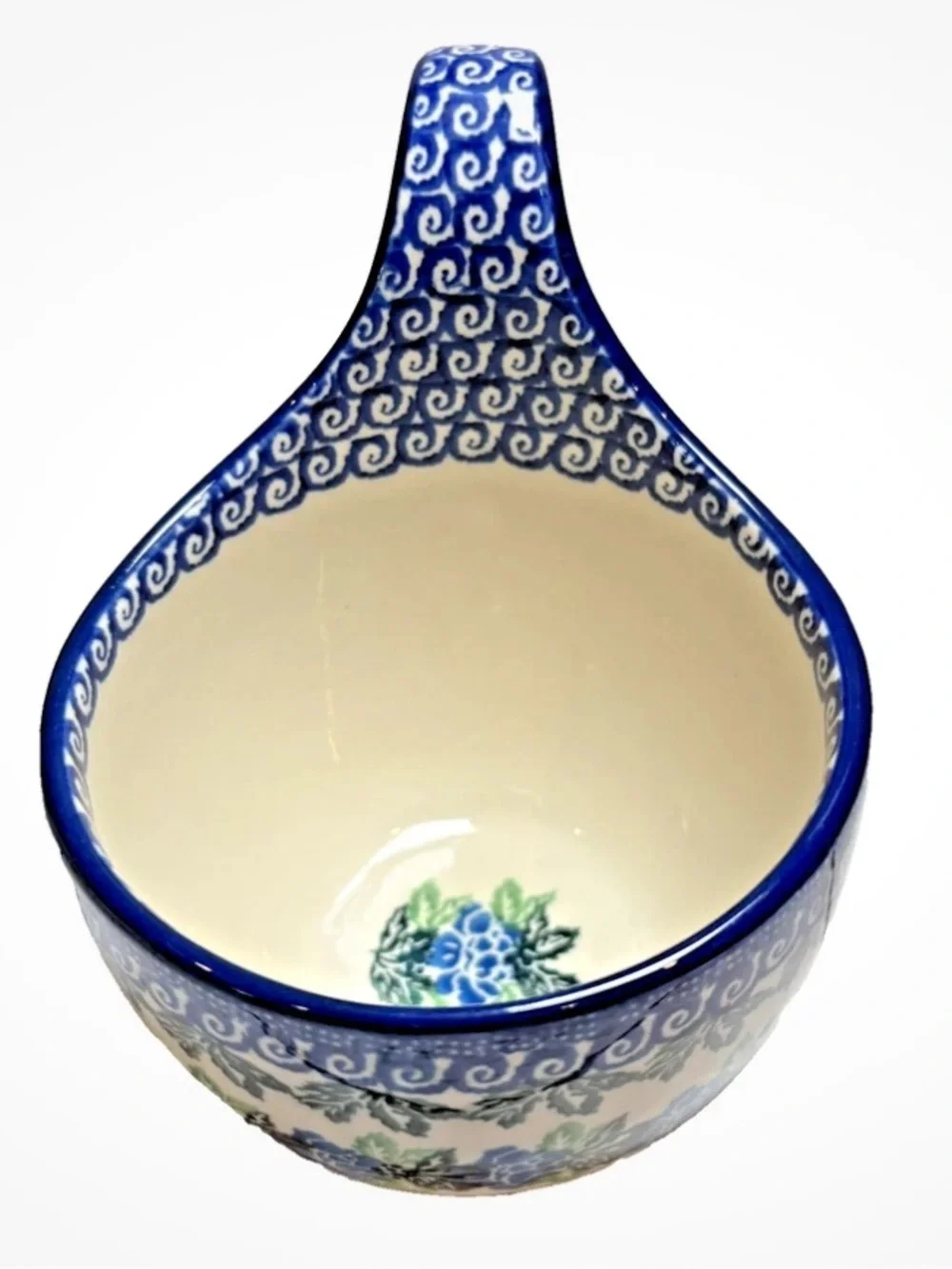 Polish Pottery Soup Bowl Loop Handle Cobalt Blue Green Floral Leaf Boleslawiec